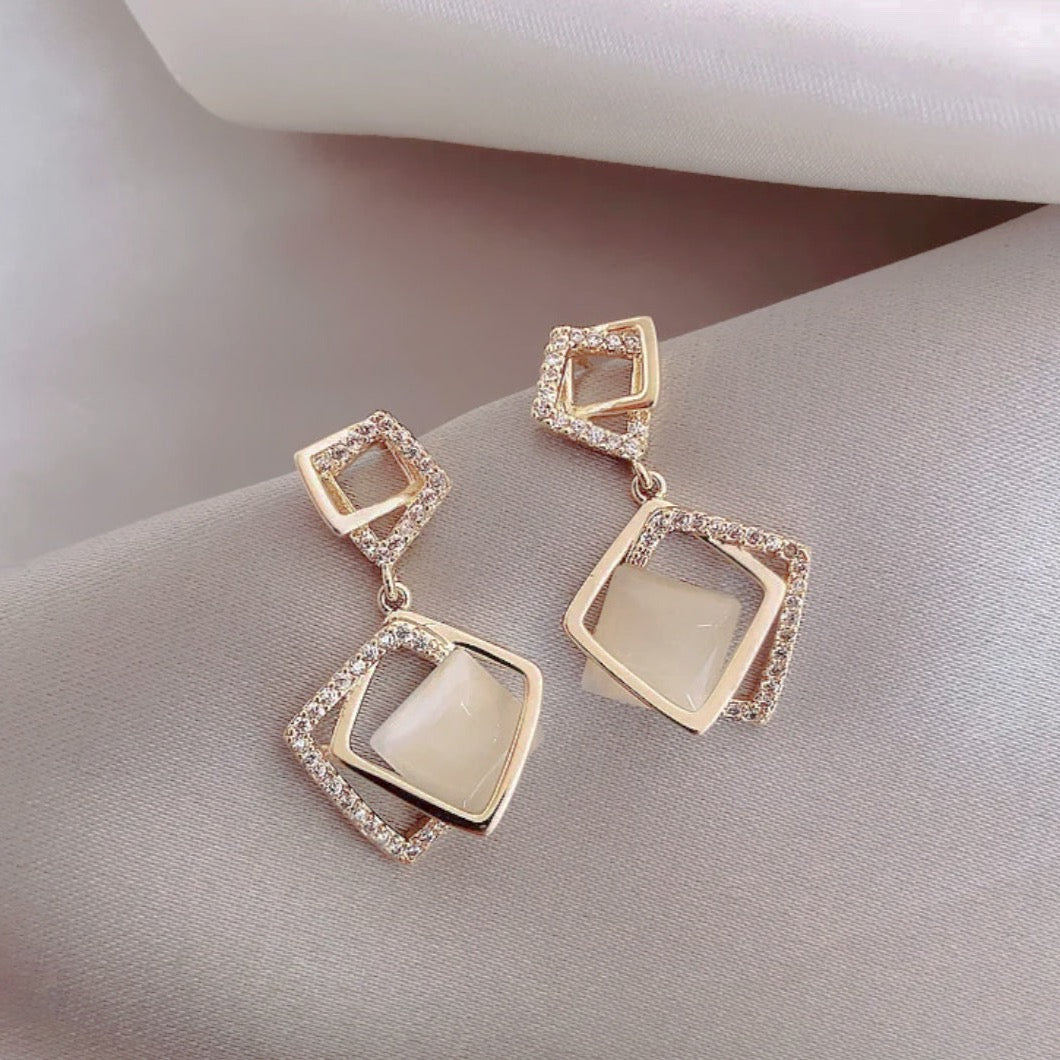 Premium Opal Daimond Quadrangle Earrings (925S)