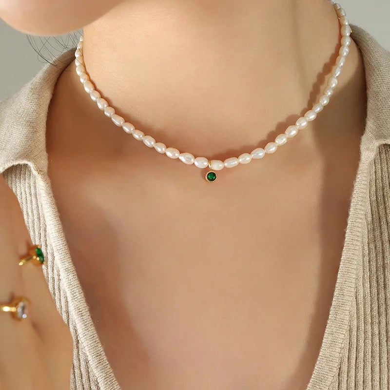 Limited Edition Emerald Natural Pearl Choker (316L)