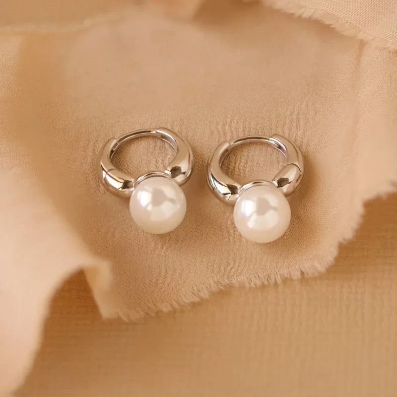 Classic Shiny Pearl Hoop Earrings (925S/Silver)